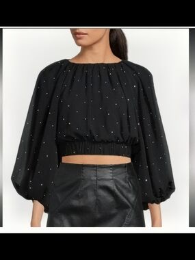 Black Rhinestone Polka Dot Cropped 3/4 Sleeve Women Size XS